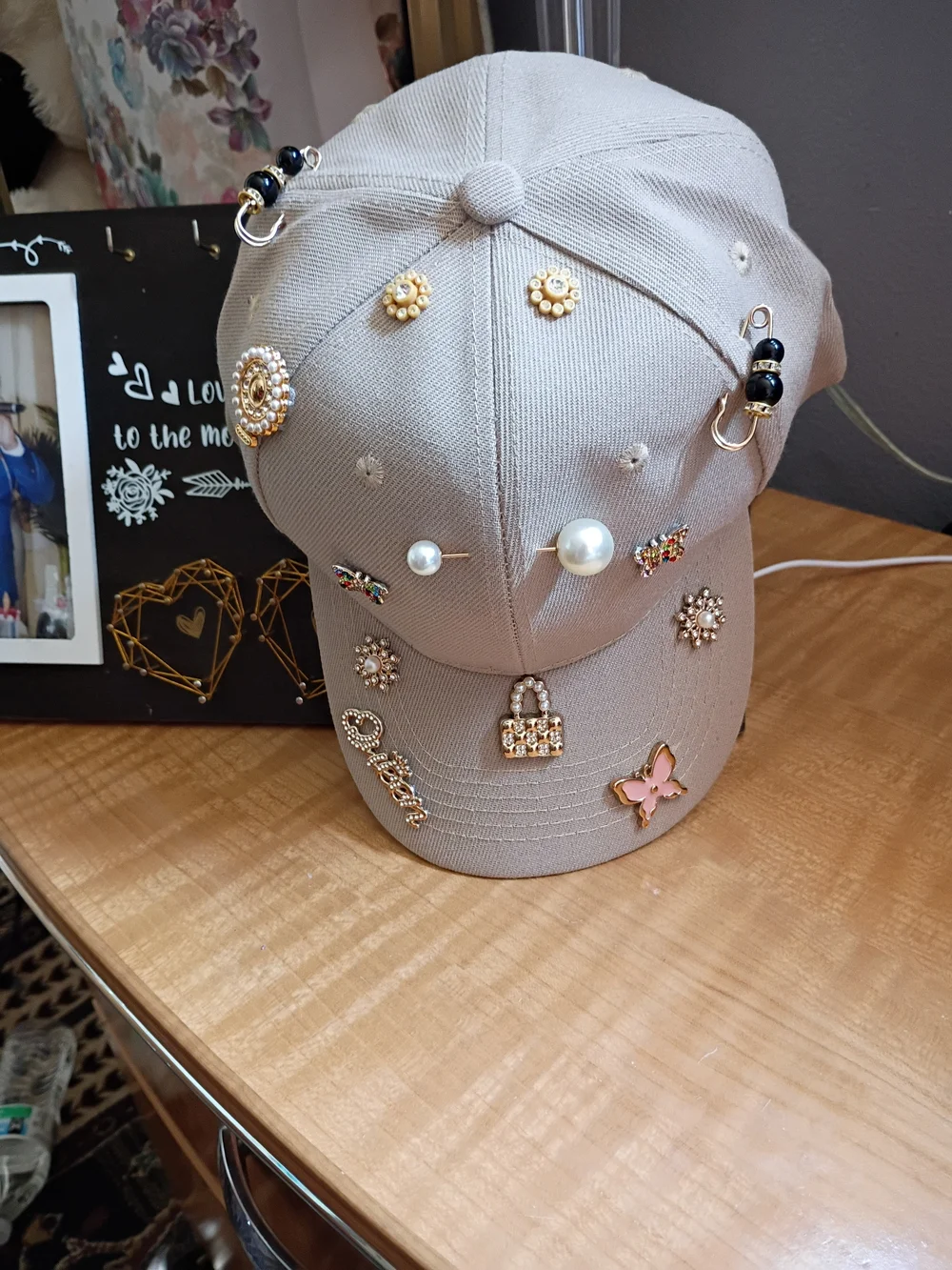 Embellished Beige Baseball Cap with Pearl & Charm Accents